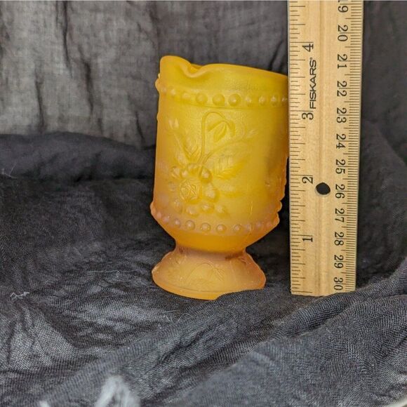 Vintage Mid Century Small Amber Glass Floral Footed Pitcher 3.5" Tall - Picture 7 of 7